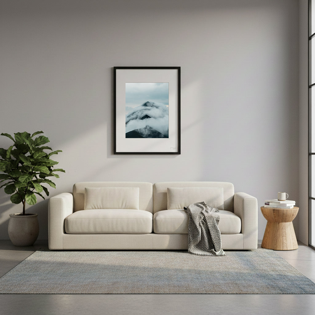 Framed mountain peak partially covered by clouds in Mount Fuego, Guatemala.